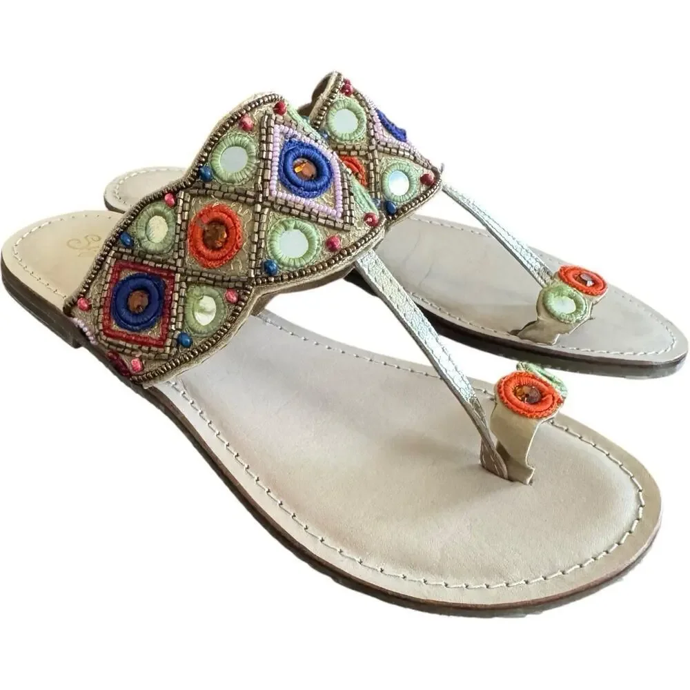 Seychelles Embroidered Beaded Gem Slip On Toe Loop Flat Sandals Women's 8.5